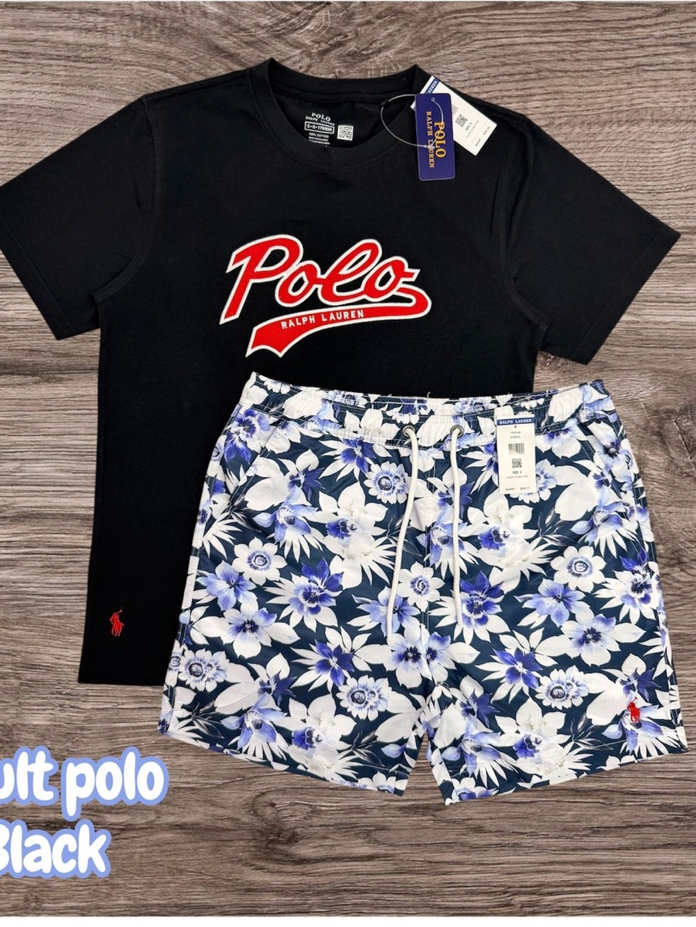Ralph Lauren Black Logo Tee with Navy & White Floral Swim Shorts